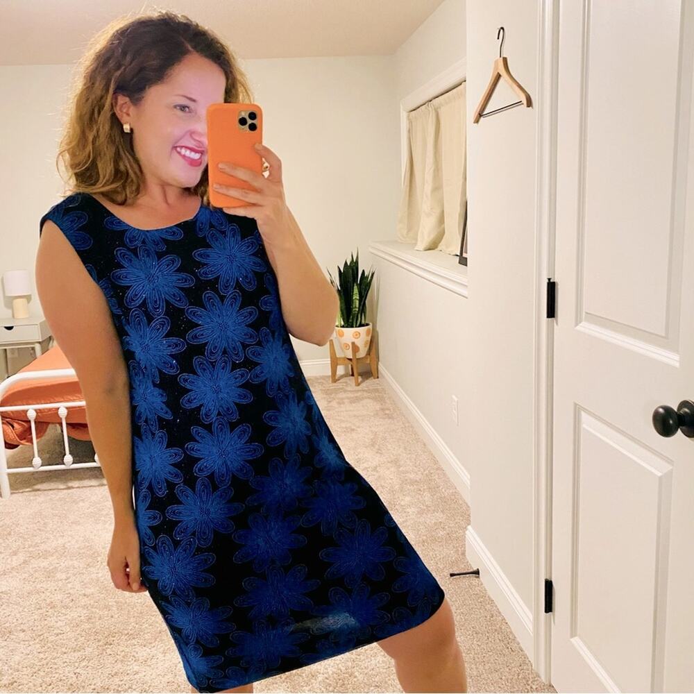 Vintage Chico’s Black Blue Floral Sparkle Mini Dress Small